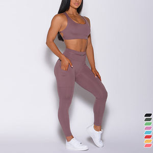 Personnalisable Femmes Côtelé Sans Couture Yoga Gym Workout Set O-Neck Solid Fleece Sports Bra Tank Top Shorts Pants Casual Pattern - Product Image 5