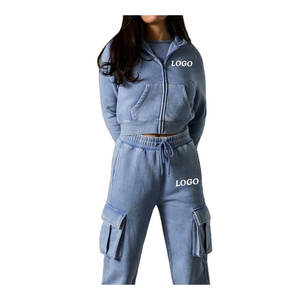 Ropa de calle personalizada para mujer, chándal de gran tamaño de algodón pesado, pantalones Cargo estampados, traje para mujer, ropa de descanso informal, chándal lavado ácido - Product Image 1
