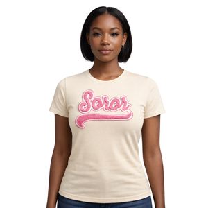Camiseta Soror de Color Marfil, Sororidad Griega, Rosa y Verde, Ecológica, Informal de Verano, Elegante, Ropa Universitaria para Hermandad - Product Image 1