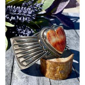 Vintage Nick Bill Spiny Oyster & Sterling <b>Silver</b> Heart-Themed Fashion <b>Cuff</b> <b>Bracelet</b> - Product Image 3