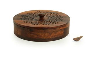 The Dancing Peacock Hand <b>Carved</b> Spice Box With <b>Spoon</b> in Sheesham Wood 7 Partitions spice container with <b>spoon</b> wooden - Product Image 4