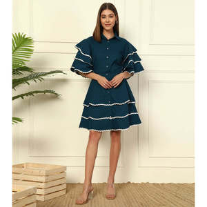 Deebaco Women's Solid Teal Cotton Shirt Dress <b>Skirt</b> <b>Co</b>-Ord Set Ruffled Sleeves Turn-down Collar Knee Length Casual Summer Wear - Product Image 6