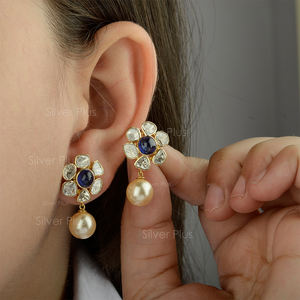 Boucles d'oreilles en perles de saphir bleu diamant naturel Boucles d'oreilles faites à la main en or massif 18 carats à vendre productibles en 10K/14K - Product Image 3