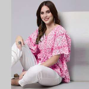 Robe caftan rose en coton imprimé cravate et teinture élégante décontractée longueur au sol taille libre Design personnalisé avec fentes - Product Image 6