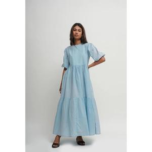 Robe longue décontractée pour femme, bleu clair, manches courtes, couleur unie, à volants, écologique, coupe ample, taille naturelle, style A - Product Image 1
