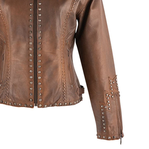 Chaquetas cortas de color personalizadas para mujer Chaqueta corta de moda con tachuelas de moto transpirables de cuero con rompevientos - Product Image 5