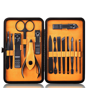 Ensemble de manucure et pédicure luxueux en acier inoxydable noir, 15 pièces, kit de soins personnels, coupe-ongles, trousse de toilettage, boîte en PU écologique - Product Image 1