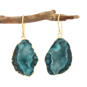 Haute qualité naturel imprimé vert sarcelle géode agate druzy balancent boucle d'oreille 18k plaqué or fiançailles porter des boucles d'oreilles crochet d'oreille - Product Image 1