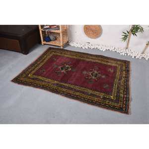 Vintage Classic Eco Friendly <b>Wool</b> Rug 4.1 X 5.6 ft <b>Red</b> Yellow Patchwork Handmade Abstract Medium Pile Dining Room Latex Backed - Product Image 2