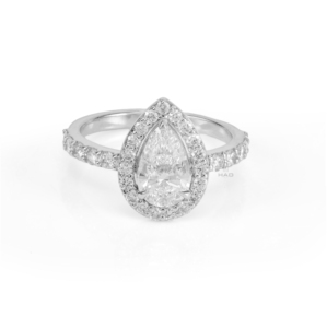 Anillo de compromiso con halo de diamantes cultivados en laboratorio, anillo de novia solitario de oro blanco, anillo de promesa con diamante talla pera, joyería fina elegante - Product Image 3