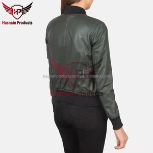 <b>Womens</b> Real Olive Green Leather Bomber <b>Jacket</b> Rib Knit Collar Zip Front Sleeve Pocket Custom <b>Winter</b> <b>Warm</b> Outerwear Ladies - Product Image 5