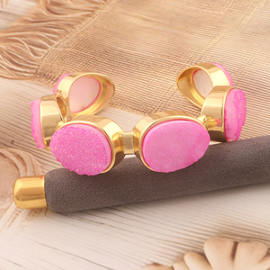 Natural <b>crystal</b> pink agate sugar druzy open cuff <b>bracelet</b> 18k gold plated chunky statement jewelry multi stone bangle <b>bracelet</b> - Product Image 2