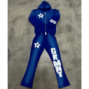 Y2K logotipo personalizado trajes de sudor lavado ácido personalizado 100% algodón Terry Sun Fade chándales acampanados hombres pantalones de chándal apilados y conjunto de sudaderas con capucha - Product Image 1