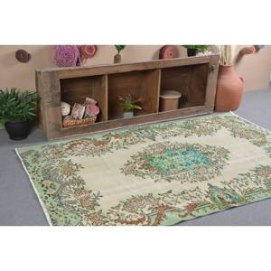 Tapis Vintage en Laine Turque 4ft 8in X 7ft 5in Vert Beige Patchwork Plat Armure Aubusson Décorations de Salon Latex - Product Image 2