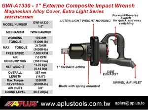Clé à chocs pneumatique APLUS GWI-A1330, embout de 1 pouce, boîtier composite léger, 7000 tr/min, couple maximal de 2600 Nm, certifiée ISO9001, OEM M32 - Product Image 2