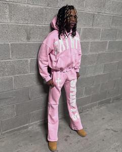 Custom Track Suit Set Hoodie and Flared Sweatpants Sets Jogger Sweatsuit <b>Applique</b> Embroidery Patch Men Distressed Tracksuits - Product Image 1