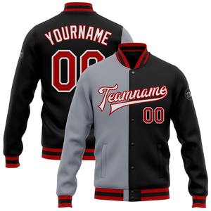 Veste bomber décontractée d'hiver sur mesure en noir, rouge et gris, à fermeture éclair intégrale, style varsity, à lettres, tendance, vente en gros directe de l'industrie - Product Image 1