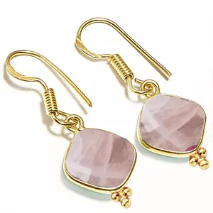 925 Sterling Silber Kissen Rosenquarz Edelstein Phantasie Lünette Drop Dangle Gold Vermeil Ohr Draht Frauen Ohrringe