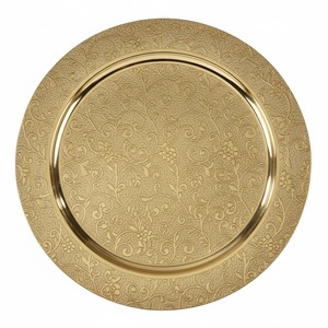 Assiette de service de luxe en métal, style assiette de présentation, finition dorée gravée, pour la décoration de table de mariage et d'événements, style vintage - Product Image 6