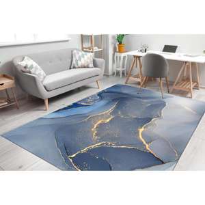 พรมขนสัตว์ลายหินอ่อนแบบดั้งเดิม สีทองน้ำเงิน โทนสีอ่อน ดีไซน์แบบแพทช์เวิร์ค  ฐานรองทำจากยางลาเท็กซ์ เป็นมิตรกับสิ่งแวดล้อม - Product Image 3