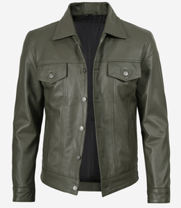 Chaqueta de Cuero para Hombre, Cuatro Bolsillos, Color Verde Oliva, Estilo Camionero, 2025 - Product Image 1