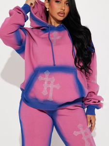 Ropa deportiva informal para mujer, Conjunto de sudadera con capucha, 100% de algodón, estilo holgado, con diamantes de imitación, lavado, cuello redondo, conjunto de manga larga - Product Image 2