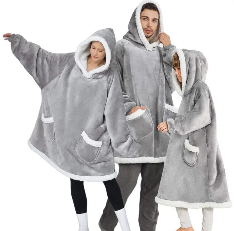 Sample Available Winter Oversized Hoodie Blanket Fleece Sweatshirt Plaid Hoody Women Pocket Hooded Sweat Oversize