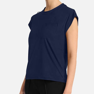 เสื้อสแปนเด็กซ์แขนสั้นสำหรับสตรีผ้าสแปนเด็กซ์แขนสั้นมีกระเป๋าหน้าอกเสื้อคอลูกเรือสีกรมท่า - Product Image 4