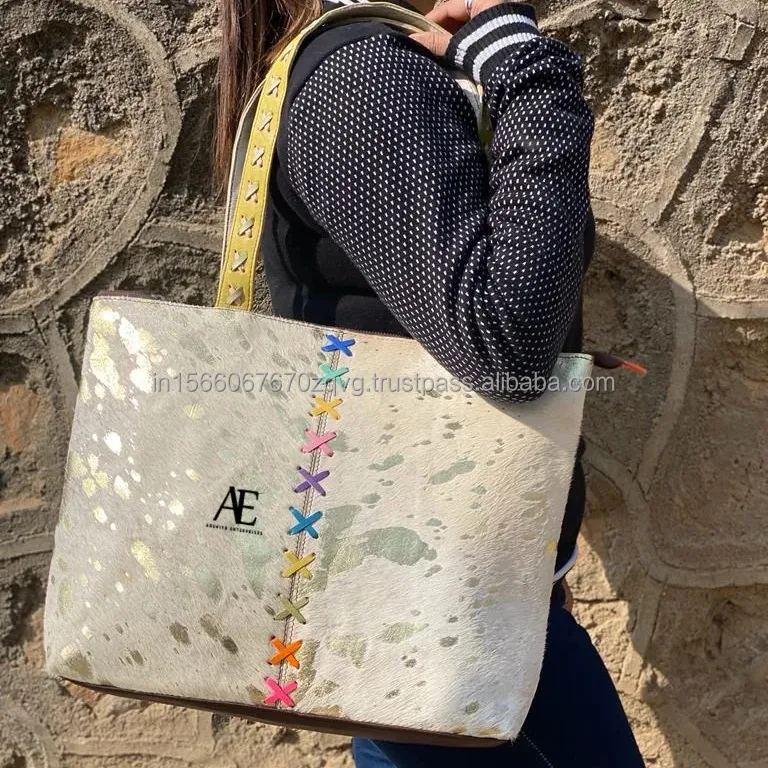 Nueva llegada hecha a mano auténtica piel metálica reciclada única de las mujeres bolsas de gran tamaño bolsas de compras de cuero sostenible