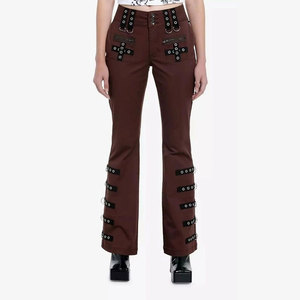 Pantalones Góticos Acampanados Color Chocolate para Mujer con Tirantes de Ojales en Contraste, Artículo Popular, Pantalones de Concierto Estilo Emo Punk - Product Image 1