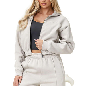 Custom Logo High Quality Women Sweat Suit Zip up Hoodie and Jogger Set Top Plain Fleece Heavyweight Cropped <b>Tracksuit</b> - Product Image 5
