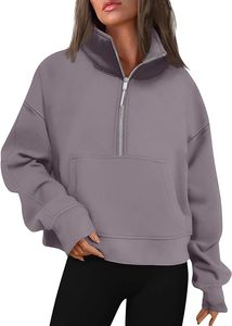 Sweat-shirt gris pour femme à demi-zip avec poches, col montant, manches longues, en polaire, coupe courte, design uni, idéal pour l'automne - Product Image 2