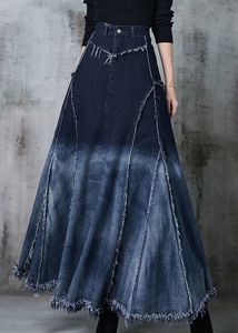 Jupe midi trapèze en jean pour femme, brodée à la main, patchwork, coupe décontractée, en coton délavé, style printemps - Product Image 1