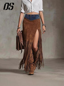 <span class=keywords><strong>Falda</strong></span> Maxi <span class=keywords><strong>de</strong></span> Gamuza Estilo DS - Cintura con Paneles <span class=keywords><strong>de</strong></span> Mezclilla, Abertura Alta con Flecos, Atuendo Vintage Occidental - Product Image 5