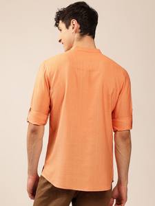 Hommes rayures tissées design zari pathani couleur orange solide col mandarin court kurta polyester viscose manches longues pour hommes - Product Image 3