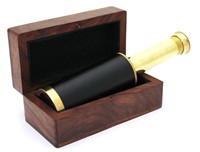 Télescope vintage avec zoom, boîte en bois poli, observation des oiseaux, grossissement 10x, design nautique, cuir, laiton, décoration extérieure, voyage