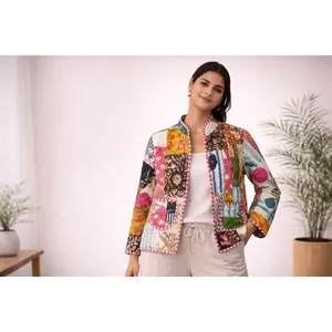 Chaqueta de Trabajo Profesional y Elegante con Bordado Kantha Pecha, Cierre de Cremallera, Cuello Mao, Prenda Exterior Informal de Cuero para Primavera, Talla XS Larga - Product Image 2