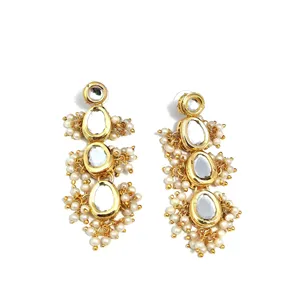 Women's <b>White</b> Polki Kundan Drop Earrings Gold-Plated Fashion Jewelry - Product Image 1