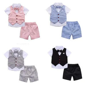 Summer Gentleman's 3-Piece Clothing Set for Boys Solid Pattern Vest Pant Half Sleeve Dress Shirt Shorts for Children