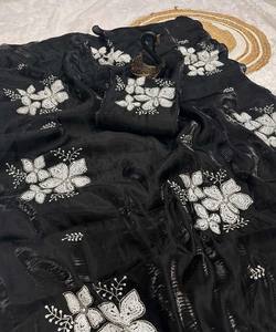 Sari en coton et soie Banarasi moderne de créateur, avec bordure à double séquence, travail de broderie, sans blouse cousue, vêtement de fête, prix de gros - Product Image 4