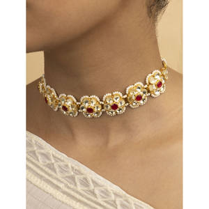 Ensemble de collier Jadau Kundan plaqué or de couleur rose - MS1591YP Bijoux en cuivre et laiton Rubis Perle Diamant Cadeau de mariage principal - Product Image 1