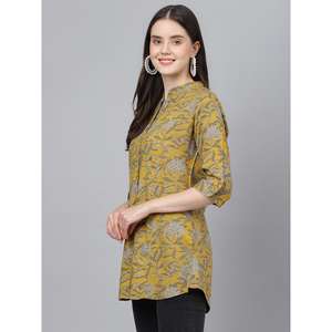 Divena Mustard Floral Imprimé Rayon A-Line Chemises Stylish Outdoor Tops - Product Image 3