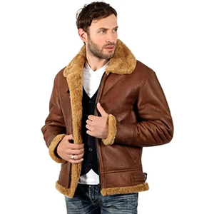 Men Shearling Aviator Pilot Bomber <b>Fur</b> Leather Jacket Long Sleeve Bomber Jacket - Product Image 1