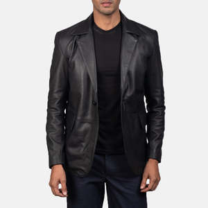 Blazer en cuir noir Daron à motif imprimé, fermeture double et simple boutonnage, longueur longue, grande taille - Product Image 5
