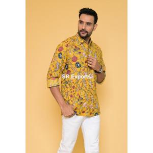 Camisa mostaza para hombre, bloque de algodón hecho a mano, estampado Kurta, ropa de verano, camisa informal estampada para hombre, camisas cómodas de diseñador para hombre - Product Image 2
