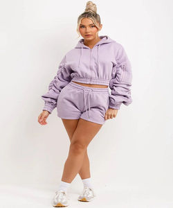 ชุดเสื้อมีฮู้ดและกางเกงขาสั้นผ้าโพลีเอสเตอร์/ ผ้าฝ้ายแบบถักสองชิ้นโลโก้ออกแบบได้ตามต้องการ - Product Image 6