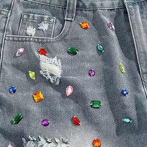 Custom Men's 100% Denim <b>Shorts</b> Baggy Rhinestone pant Summer <b>jeans</b> Diamond Crystal Side Strip Washed Denim Men's <b>Shorts</b> - Product Image 3