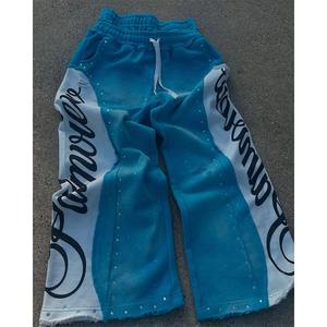 Pantalones Deportivos Holgados de Cintura Alta con Lavado Ácido Personalizado, Efecto Desgastado por el Sol, Bordados y Pedrería para Hombre - Product Image 1