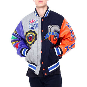 Chenille Embroidered Varsity Jacket <b>Stand</b> Collar Stylish Retro High Street Letterman Front Side Pockets Customizable - Product Image 2