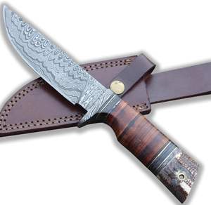 มีดล่าสัตว์ดามัสกัสต้นฉบับทำด้วยมือพร้อมใบมีดและปลอกหนังแบบคงที่สำหรับตั้งแคมป์กลางแจ้งคาวบอยผจญภัย - Product Image 1